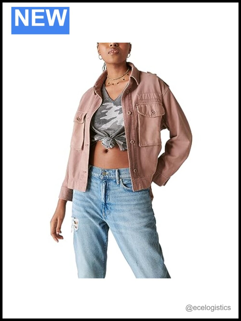 Cropped Twill Utility Jacket - Button Front Long Sleeve